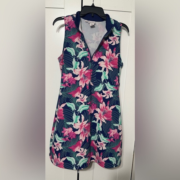 Tommy Bahama Tropical Floral Mini Dress - Pink and Green on Navy - Picture 1 of 6